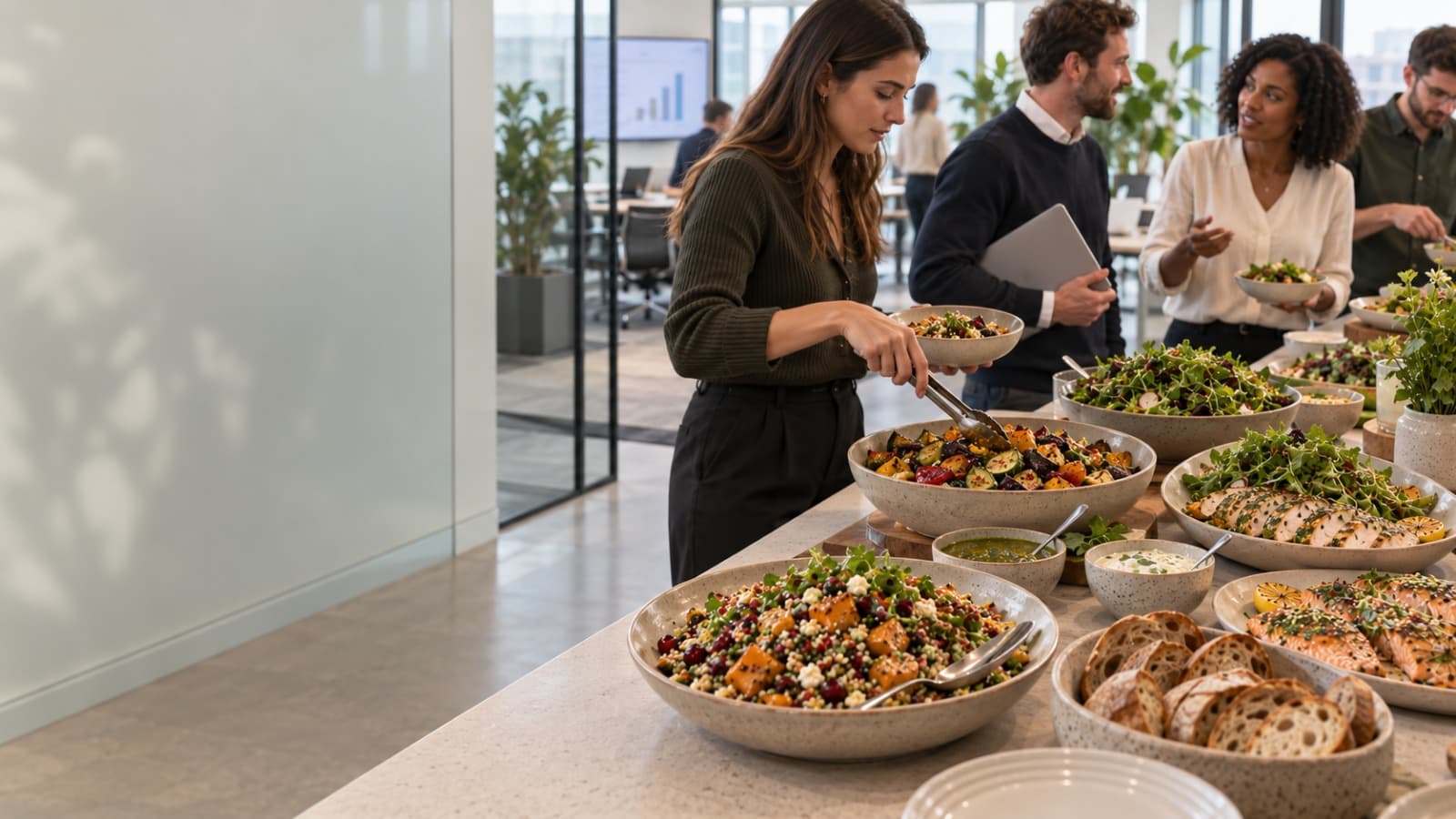 A corporate catering spread being served in an office