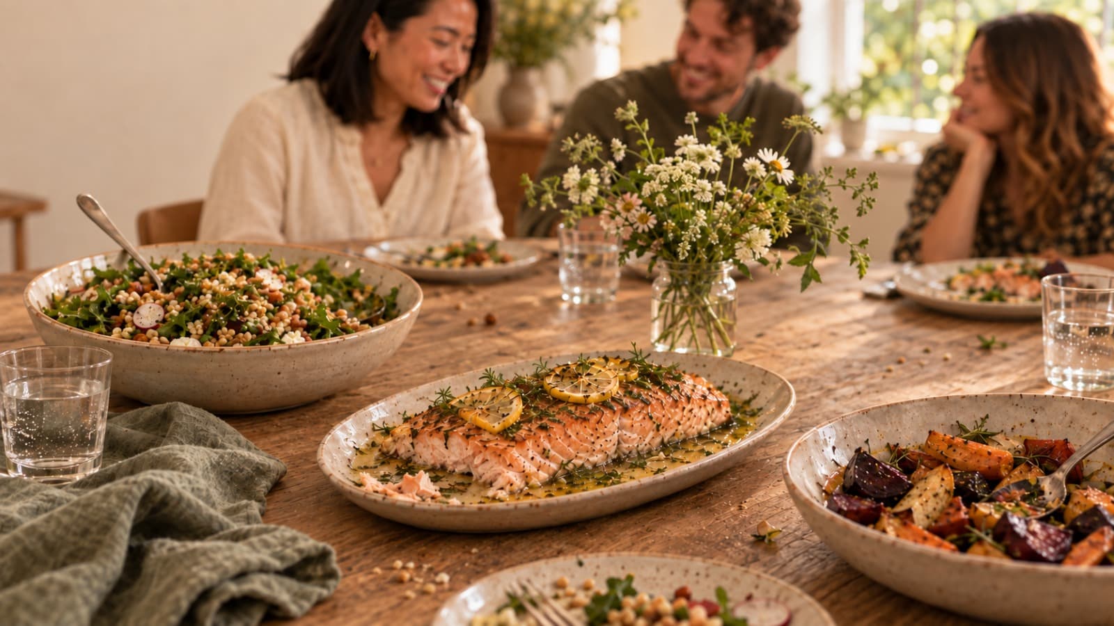 Friends sharing a small-batch catered dinner spread